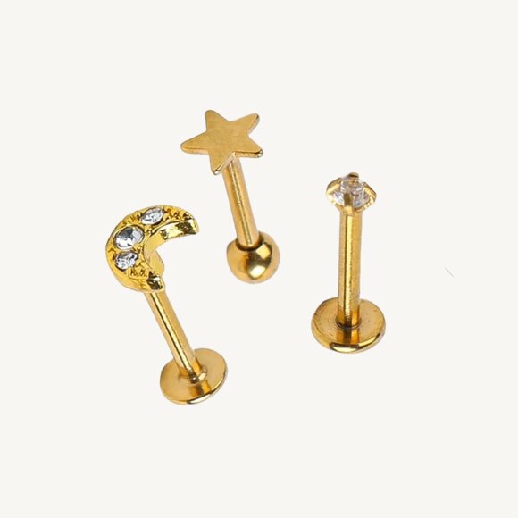 Ardene NEW 3 Pack of Celestial Cartilage Piercings Moon, Star, and Gem Gold - Picture 1 of 8